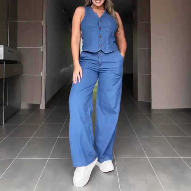 Sleeveless Denim Suit Vest Denim Two piece Suit Blue - Shop at LoveMi