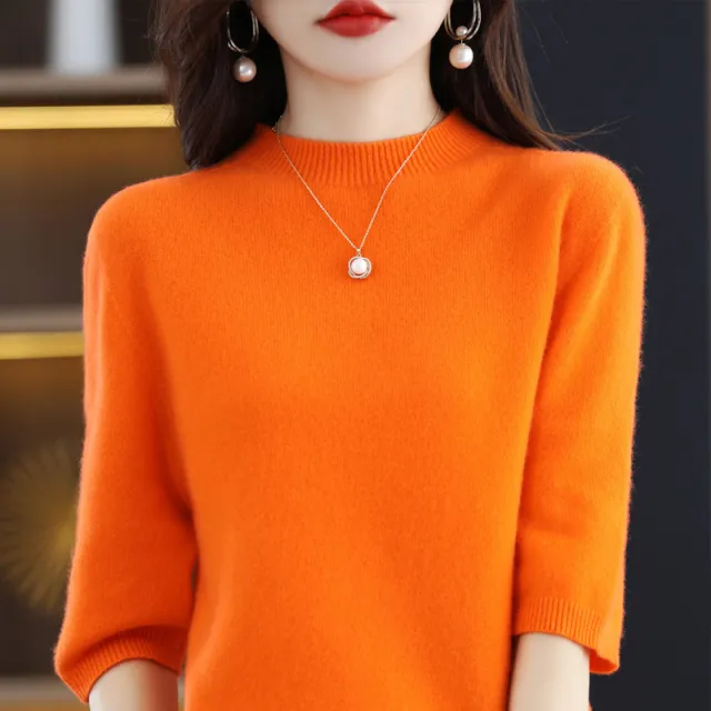 Pure Wool Women's Half Turtleneck Short Pullover Base Knitwear Three quarter Sleeve Sweater Emma Orange - Shop at LoveMi
