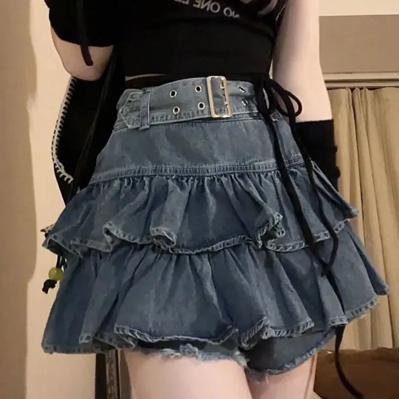 Fashion Suit Lotus Leaf Border Light Denim Skirt Letter Cutout Sling