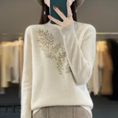 Women's Loose And Versatile Semi High Neck Knitted Sweater - Raw Velvet Rice-L - View 1