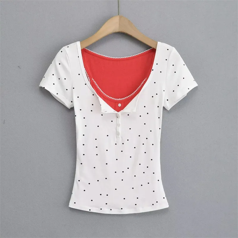 Sweet Girl Polka Dot Breasted Shoulder Short Sleeve Design Two-piece Set - Black