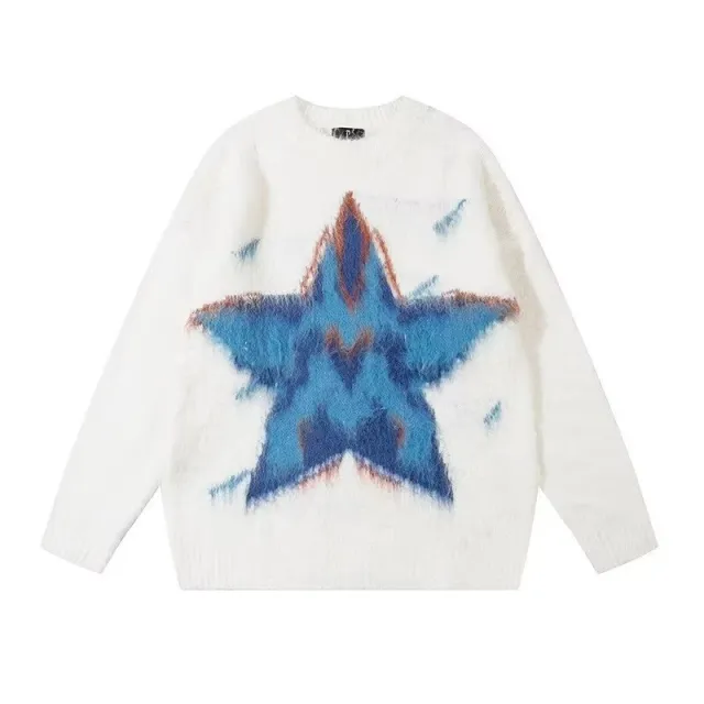 Five pointed Star Printed Idle Style High Knitwear Sweater K115 White - Shop at LoveMi
