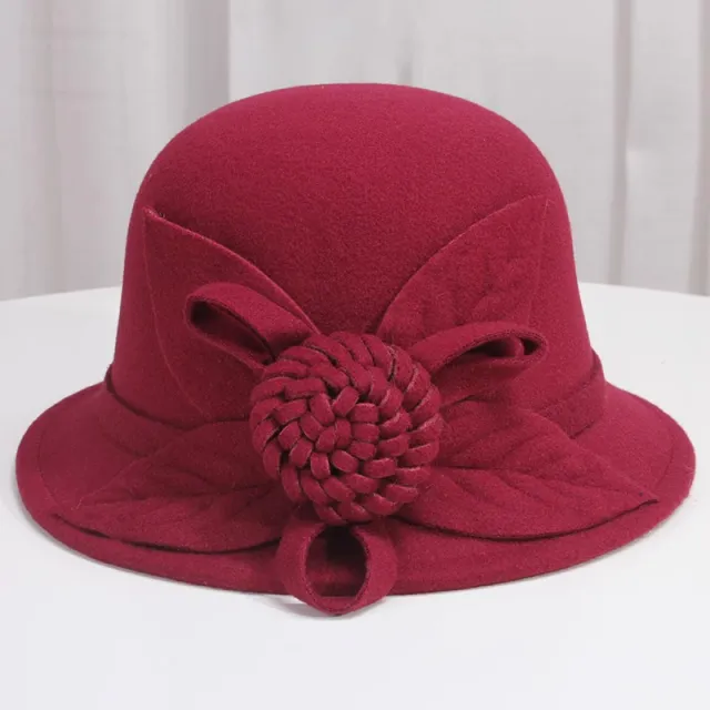 Korean Style Autumn And Winter Women's Woolen Hat Flowers British Retro Fisherman Basin Hat Wine Red - Shop at LoveMi