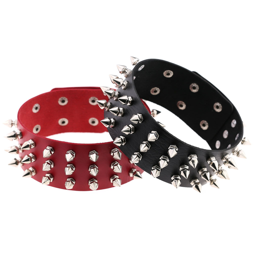 Title 4, Three-row tapered rivet leather necklace