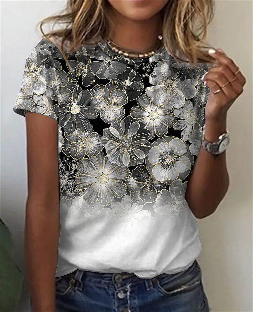 Women's Cotton-like 3D Printed Round Neck Short-sleeved T-shirt