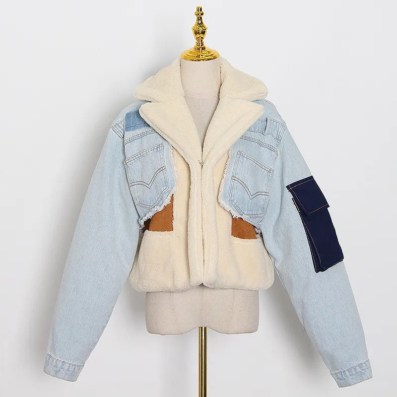 Fashion Stitching Loose Thick Casual Denim Lamb Wool Short Coat For Women - Blue