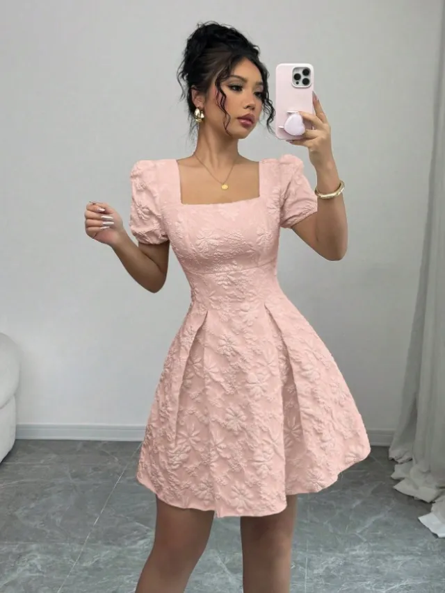 Elegant Jacquard Solid Color Puff Sleeve Square Neck Dress Pink - Shop at LoveMi