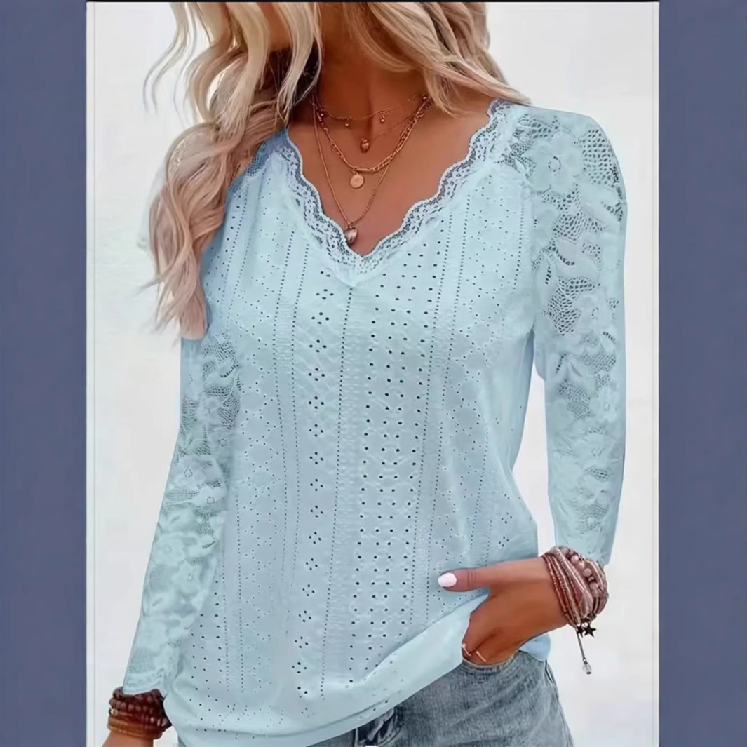 Fashionable Long-sleeved Lace-panel Hollow-out Top