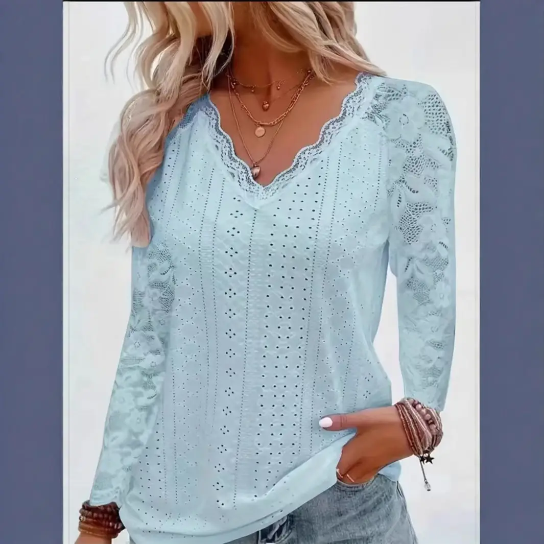 Fashionable Long-sleeved Lace-panel Hollow-out Top