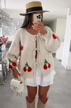 Women's Lace-up Knitted Cardigan Sweater - Beige - View 1