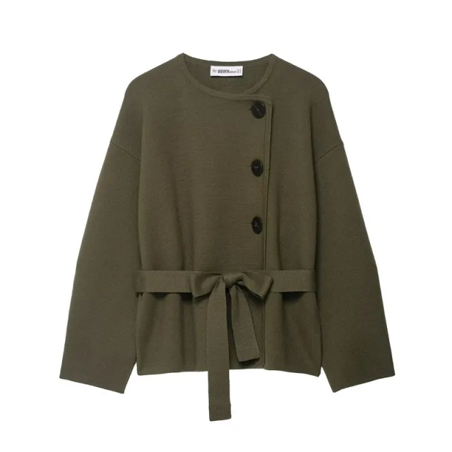Women's Belted Knit Short Coat Olive Green - Shop at LoveMi