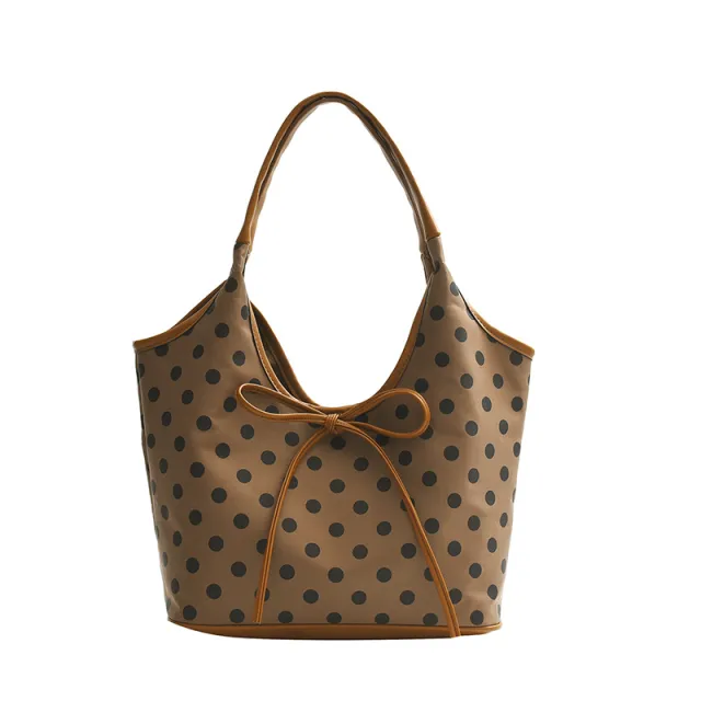 Hand carrying Retro Casual Tote Bag Fashion Polka Dot Underarm Bag Large Capacity Khaki - Shop at LoveMi