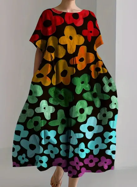 Loose Round Neck Advanced Short Sleeve Printing Dress - Bj113123411276