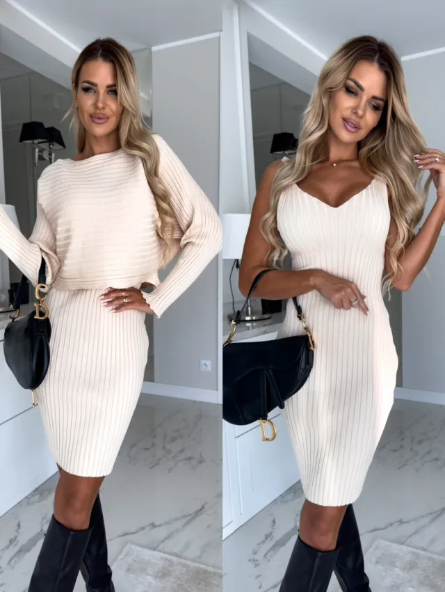 Fashion Long Sleeve Top Suspender Skirt Beige - Shop at LoveMi