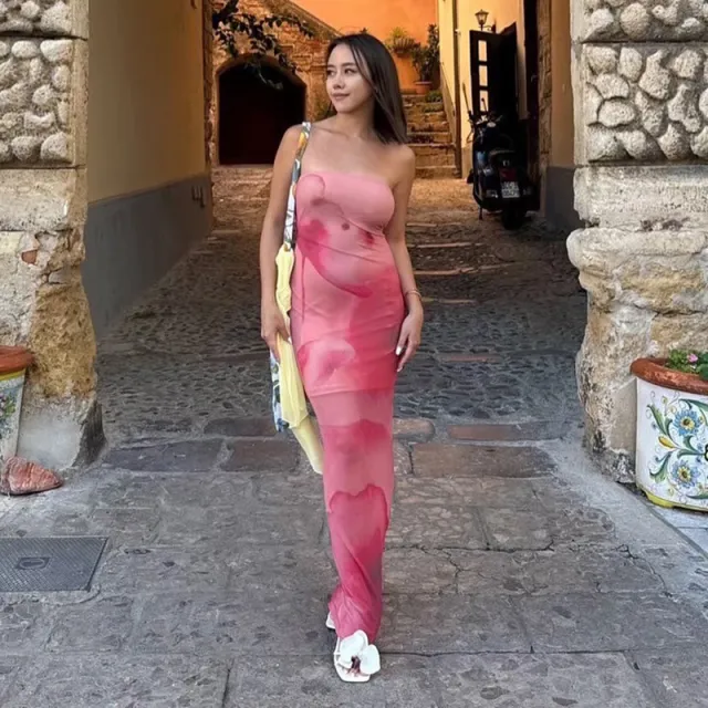 Contrast Color Tube Top Printing Dress Pink - Shop at LoveMi