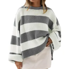 Loose Striped Sweater Fashion Casual Long Batwing Sleeve Round Neck Pullover Knit Tops Women Clothing - Gray - View 1