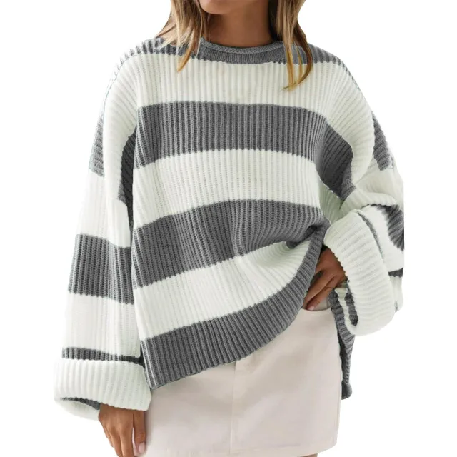 Loose Striped Sweater Fashion Casual Long Batwing Sleeve Round Neck Pullover Knit Tops Women Clothing Gray - Shop at LoveMi