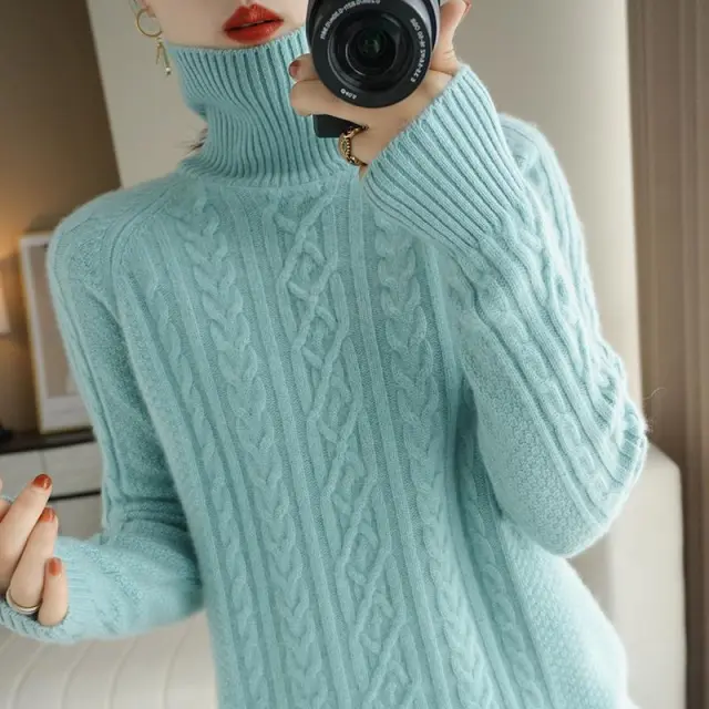 Fashion New High Neck Knitted Sweater For Women New Flower Green - Shop at LoveMi