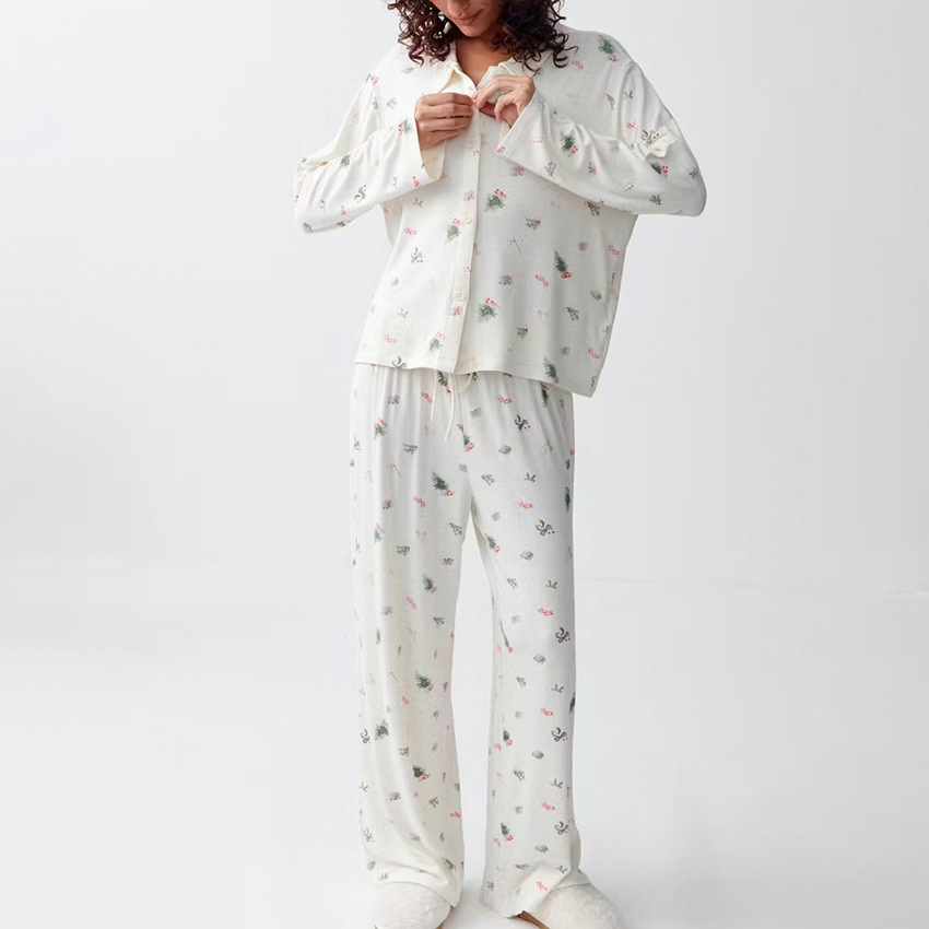 Printed Lapel Long-sleeve Pajama Set With Long Pants
