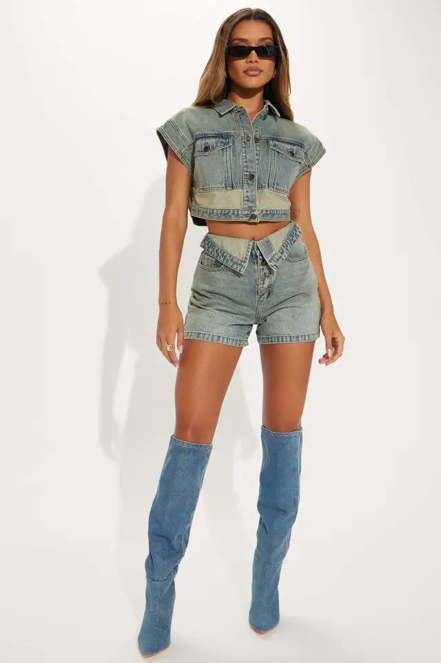 European And American Fashion Casual Denim Color Matching Two piece Women's Clothing Sky Blue - Shop at LoveMi