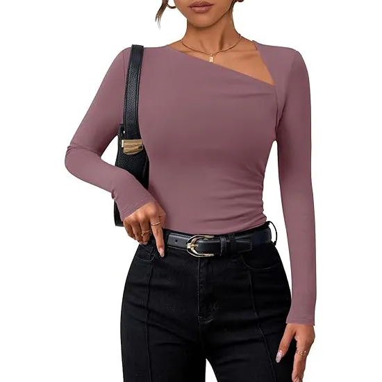 Women's Long sleeved Diagonal Collar T shirt Light Purple - Shop at LoveMi