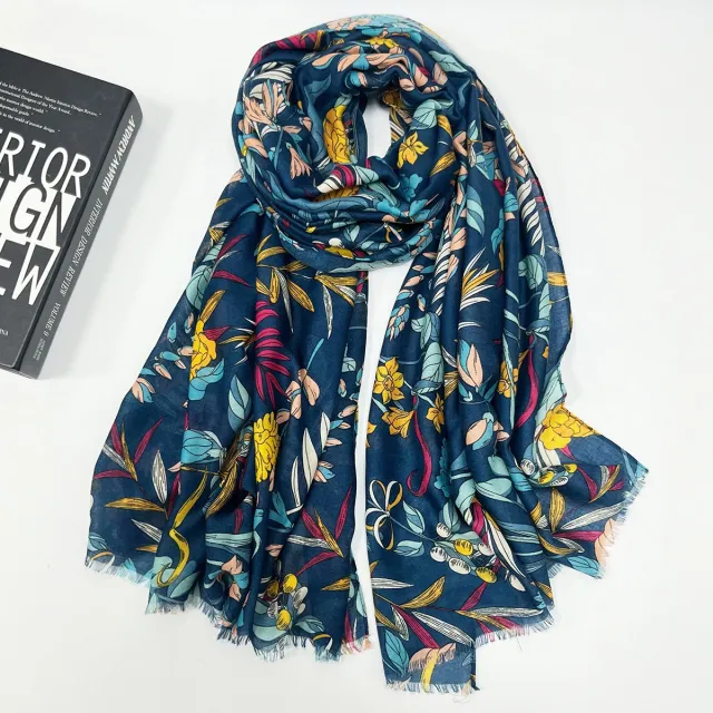 High grade Shawl Ladies Tassel Printed Scarf Navy Blue - Shop at LoveMi