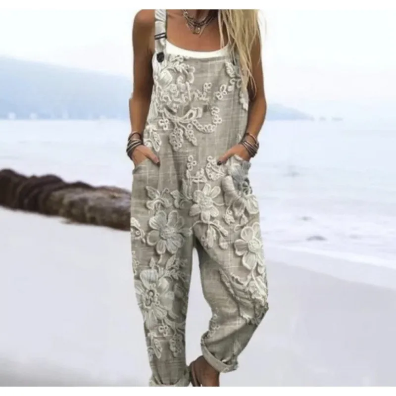 Women's Summer Digital Printing Button Casual Suspender Trousers - Tjrjddk022-L