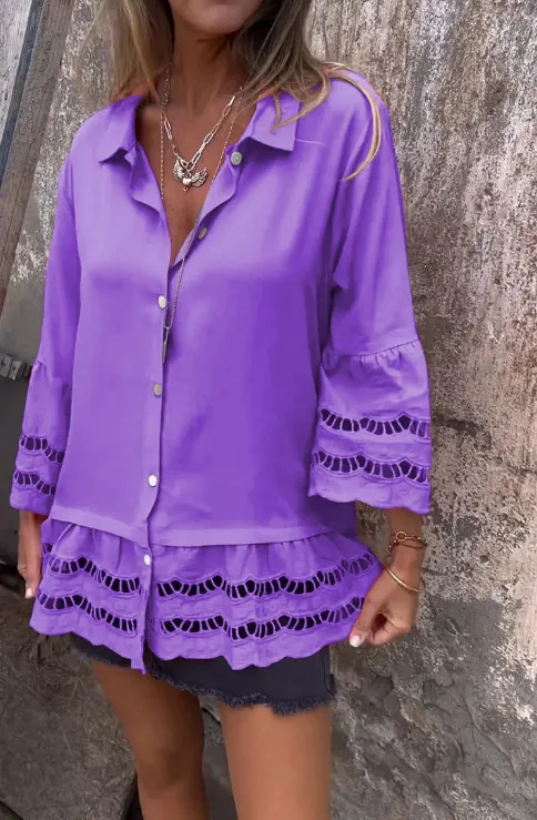 Lapel Long Sleeve Lace Ruffles Lotus Leaf Loose Shirt Purple - Shop at LoveMi