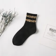 Leopard Print Women's Mid Tube Stockings Bunching Socks - Black - View 1