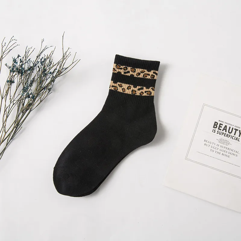 Leopard Print Women's Mid Tube Stockings Bunching Socks - Black