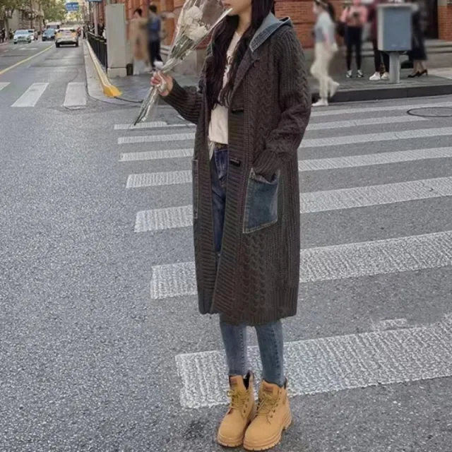 Hooded Denim Stitching Sweater Mid length Knitted Cardigan Jacket Dark Gray - Shop at LoveMi