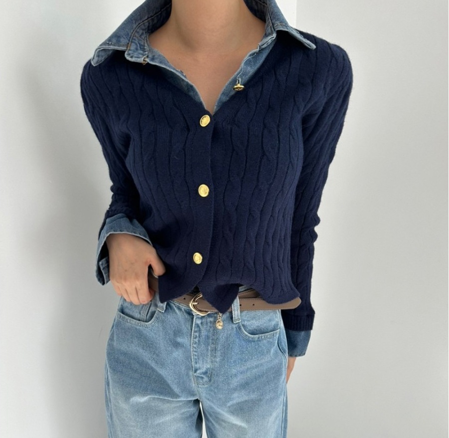 Title 7, Maglione a maniche lunghe con cuciture in denim...