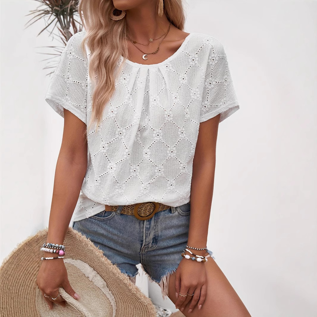 Women's Solid Color Embroidered Hollow Short Sleeve
