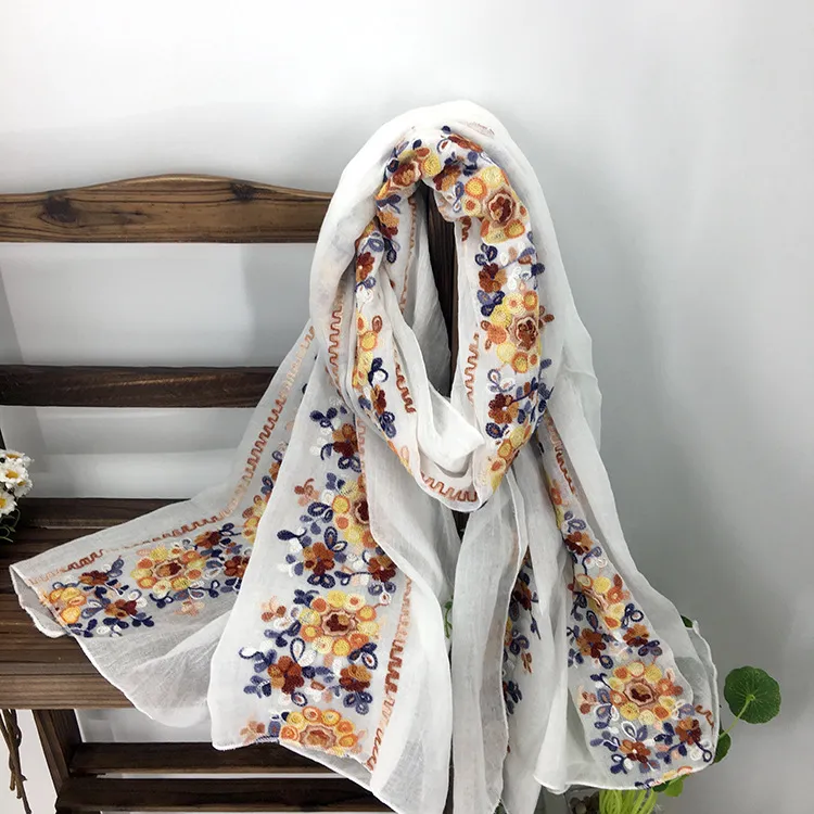 Embroidered Cotton And Linen Scarf Shawl - 5Style