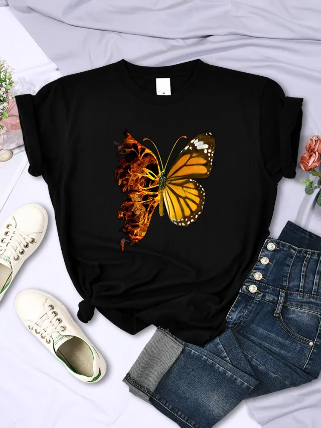 Butterfly Wings Pattern Fashion Short Sleeve Women Black - Shop at LoveMi