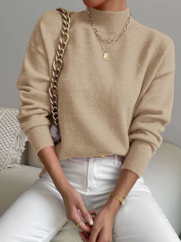 Autumn And Winter Half high Collar Pullover Women's Fashion Solid Color Loose Knitted Top Khaki - Shop at LoveMi