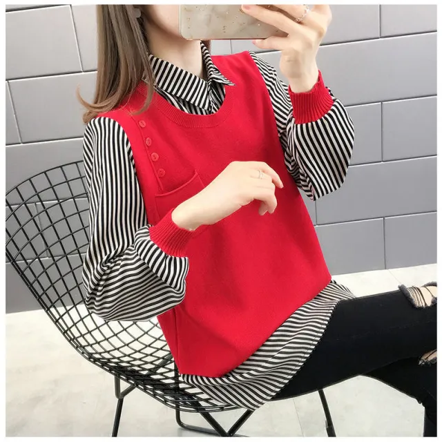 Fake Two piece Women's Long sleeved Shirt Collar Knitted Sweater Red - Shop at LoveMi