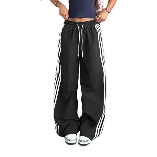 Womens American style Streetwear Striped Woven Tape Track Pants Black - Shop at LoveMi