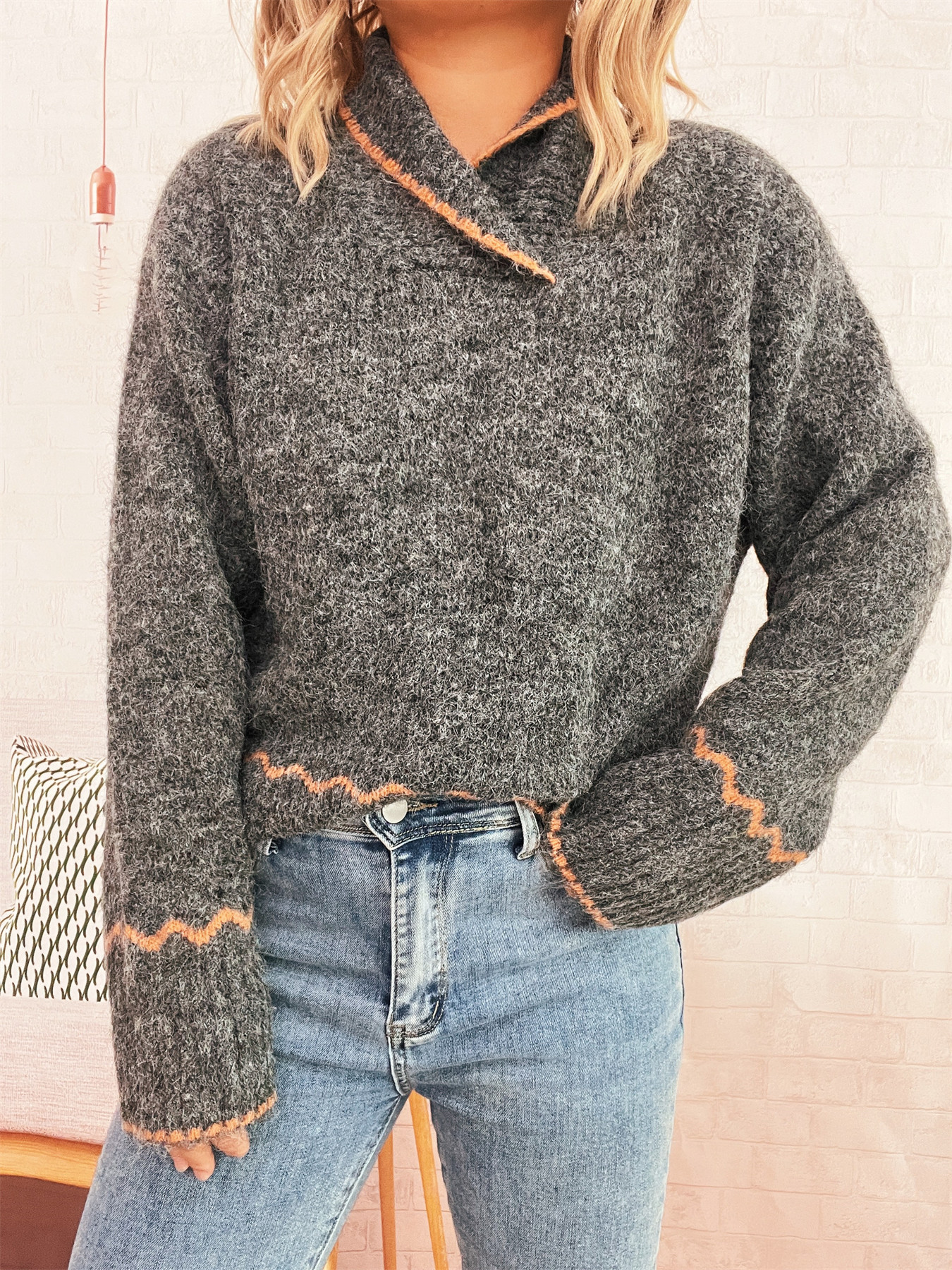 Simple Commute Half Turtleneck Lapel Contrast Color Knitted Pullover Sweater