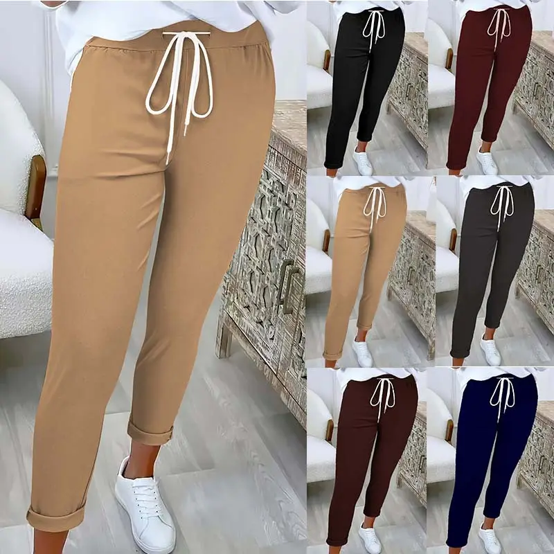 Womens Ankle-cuffed Solid-color Versatile Chic Casual Trousers