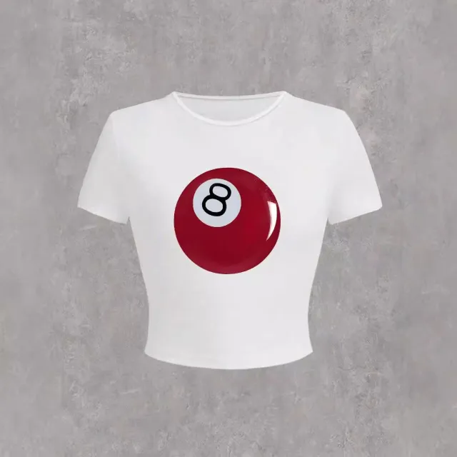Ladies' Round Neck Casual Size 8 Ball Print Short Sleeved Shirt White - Shop at LoveMi