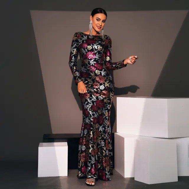 Evening Gown Long Sleeve Temperament Crew Neck Long Sequined Banquet Bridesmaid Dress Black - Shop at LoveMi