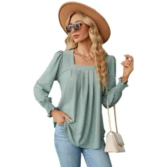 Jacquard Pleated Square Collar Long Sleeve Swallowtail Solid Colour T-shirt For Women - Bean Green - View 1