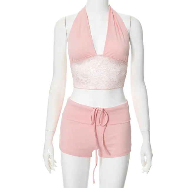 Lace Stitching Halter Top Drawstring Shorts Two piece Set Pink - Shop at LoveMi