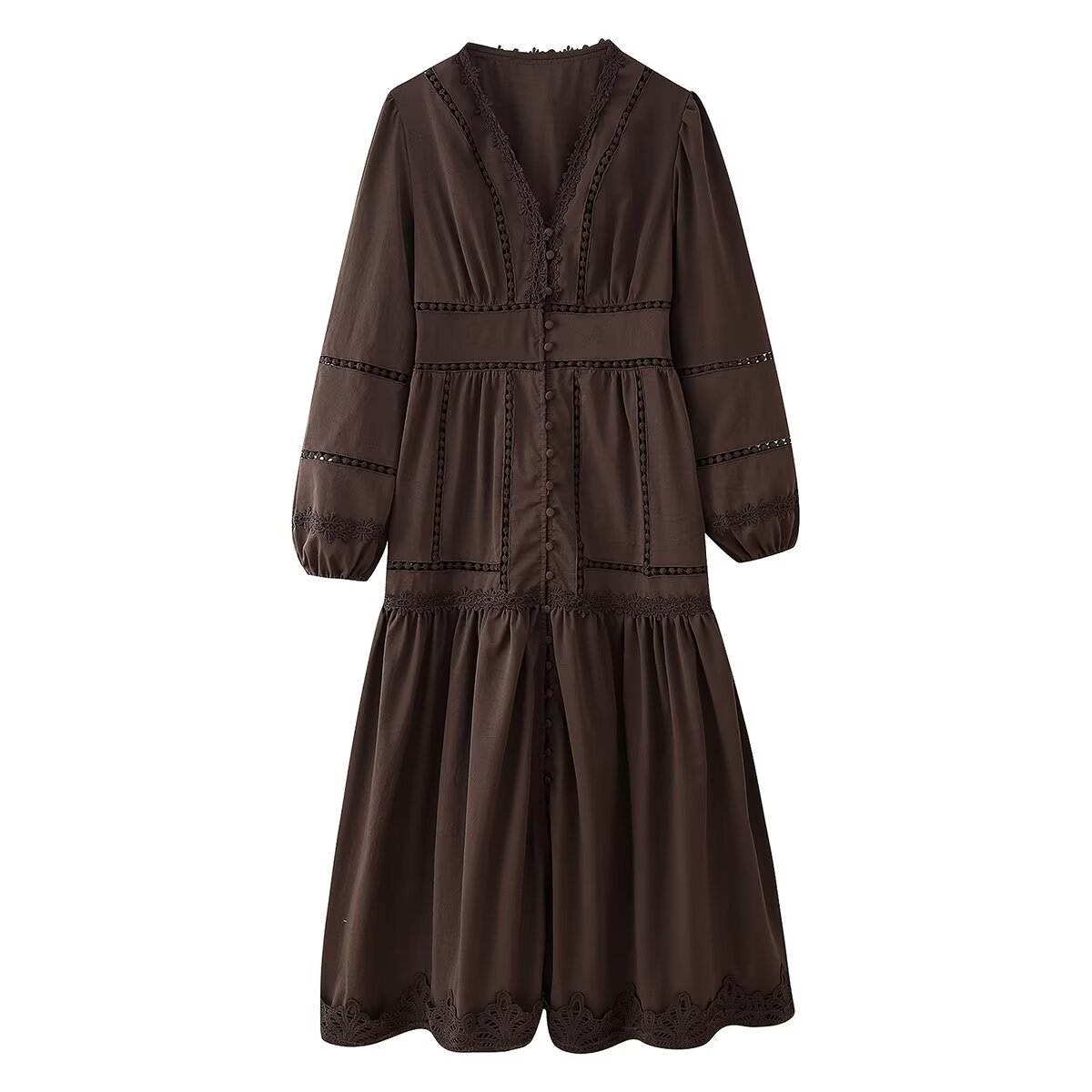 Casual V neck Hollow Lace Button Decoration Long Dress Brown - Shop at LoveMi