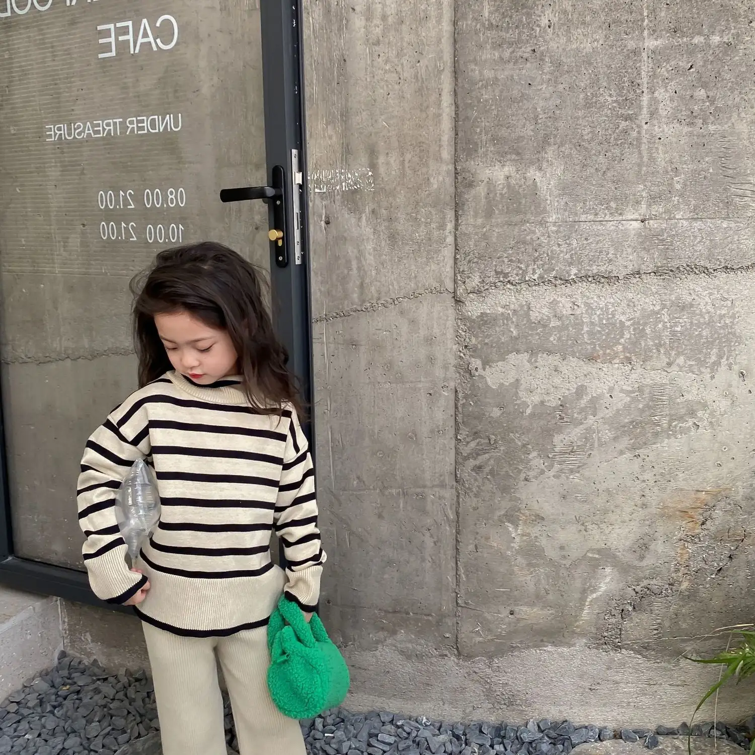 Girls' Knitted Striped Turtleneck Sweater Two-piece Pants
