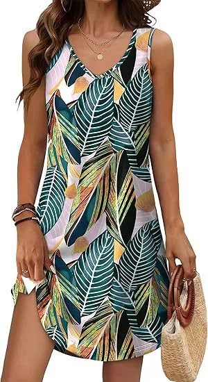 Loose Casual V neck Flower Holiday Dress Green Leaf - Shop at LoveMi