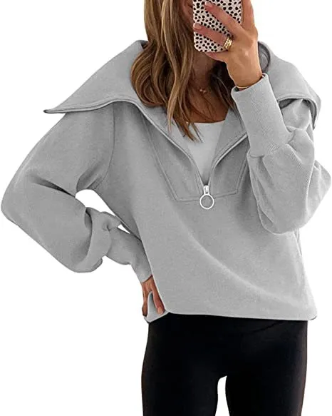 New Long sleeve Zipper Drop Shoulder Pullover Hoodie Gray - Shop at LoveMi
