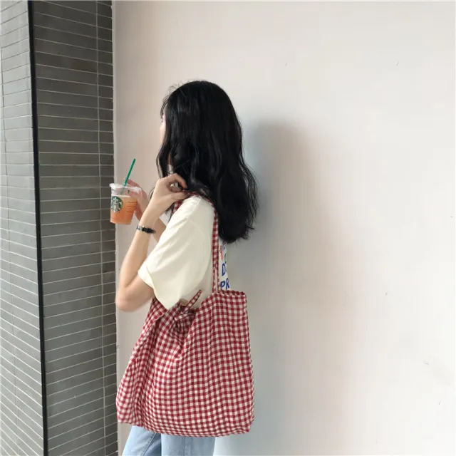Summer New Red And White Plaid Girl's Heart Lace up Cloth Bag White - Shop at LoveMi