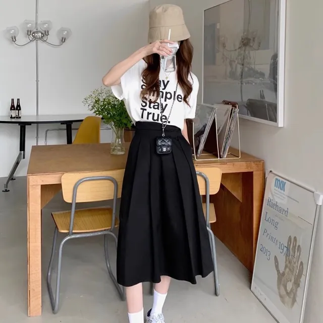 Women's Mid length Skirt High Waist Pleated Skirt Black - Shop at LoveMi